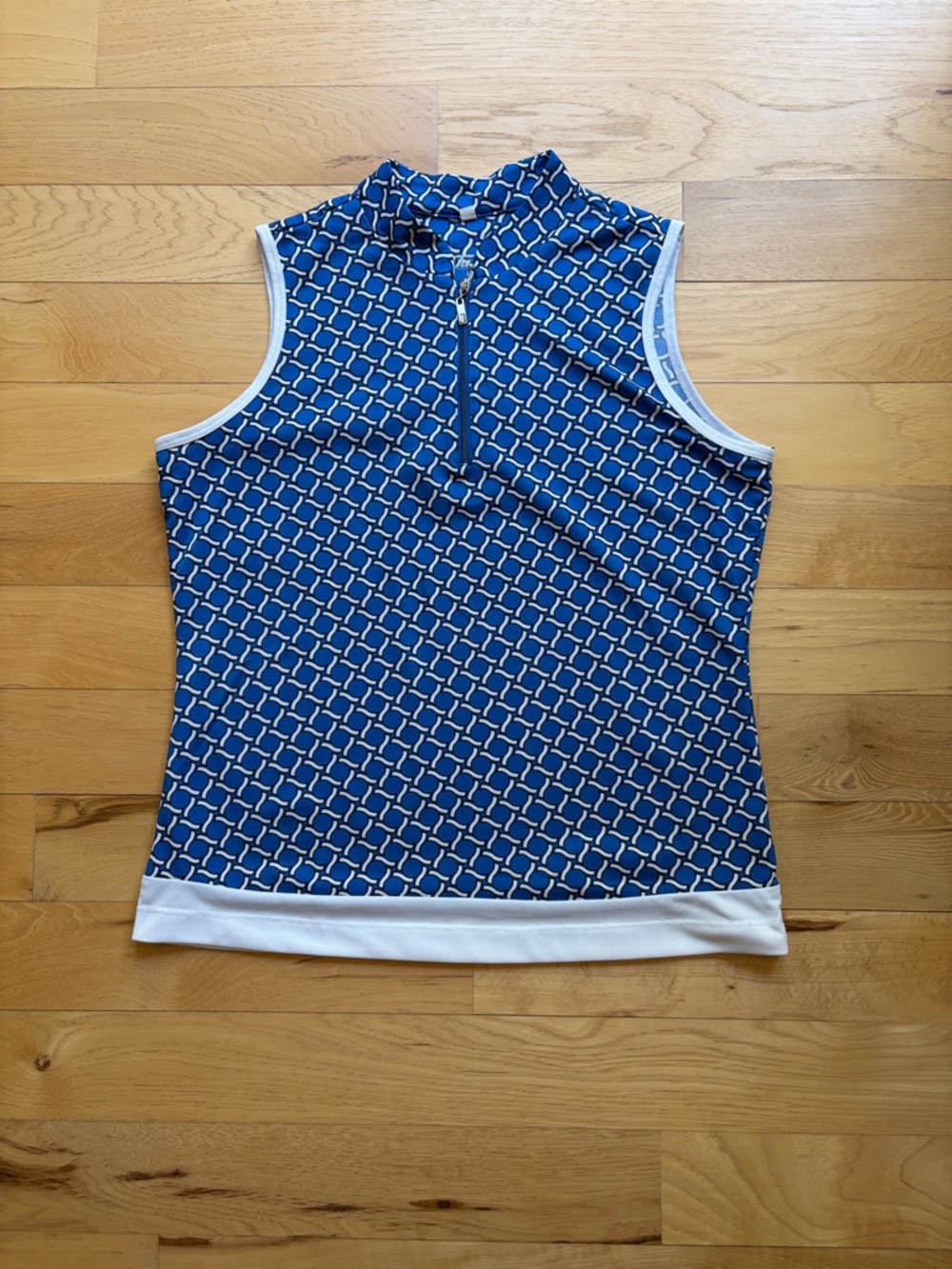 Tail Blue Geometric 1/4 zip Sleeveless Tank with White Trim